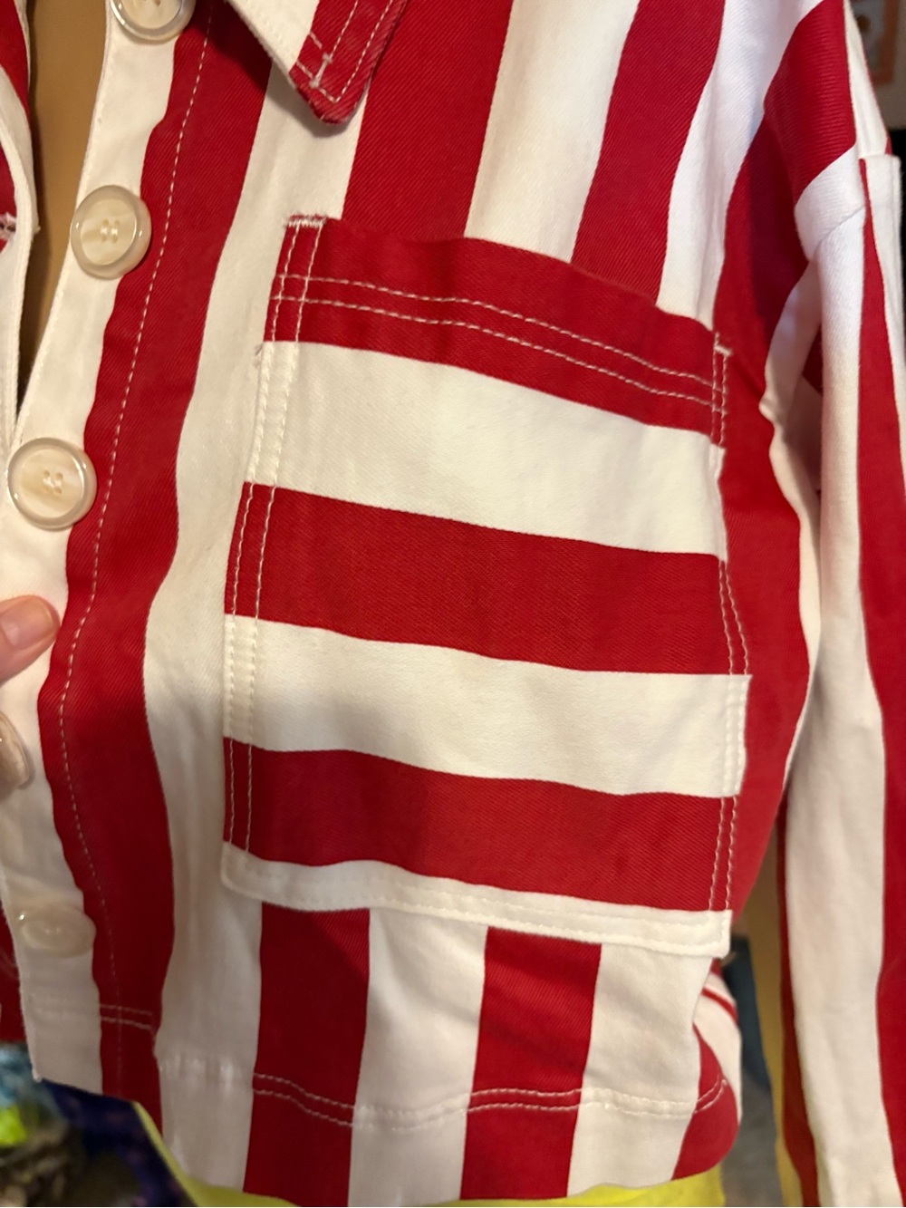 English Factory Crop Red & White Striped Denim Jacket M - Picture 2 of 6